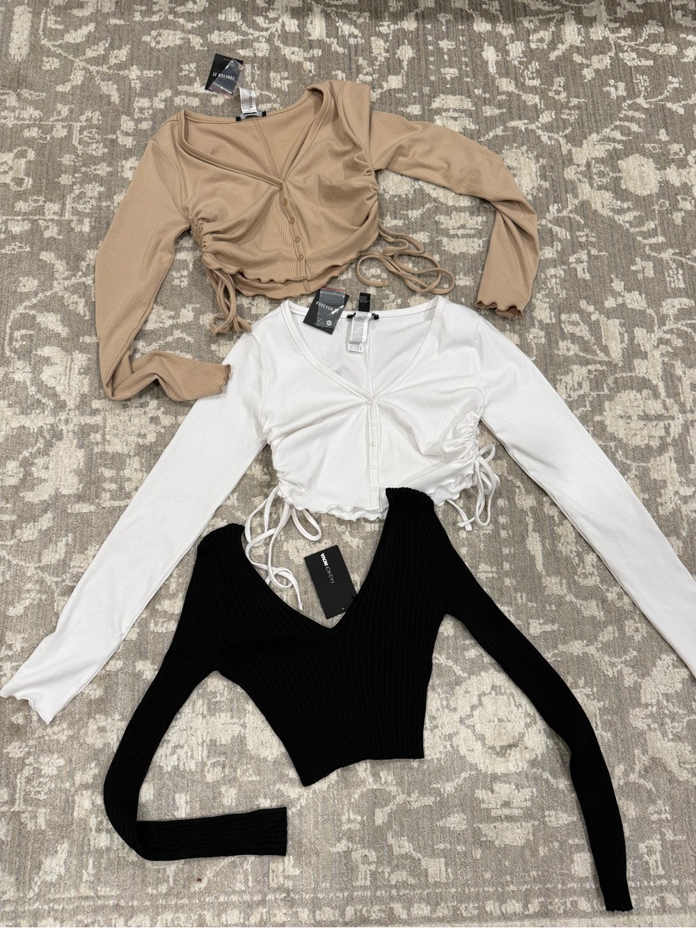 NWT Fashion Nova/F21 Ribbed Drawstring Long Sleeve Top - Beige, White, Black
